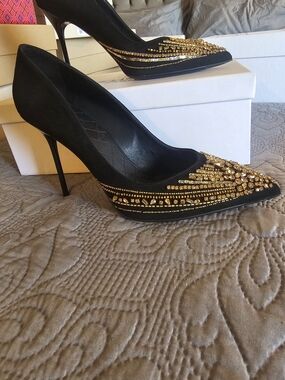 Balmain Black Suede Pointed-Toe Pumps with Gold Crystal Stripes